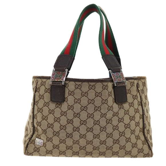 GUCCI GG Canvas Web Sherry Line Hand Bag Canvas Leather Beige Green Auth 53681 - Picture 13 of 16
